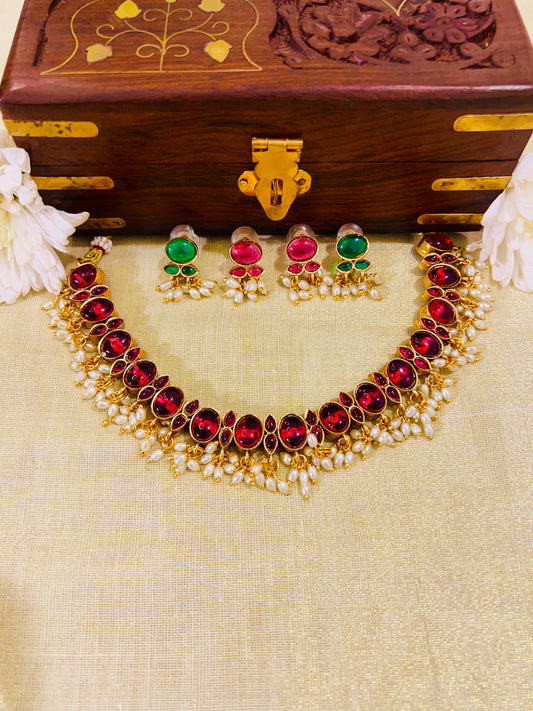 Double Sided Kemp Stone Necklace with Rice Pearls