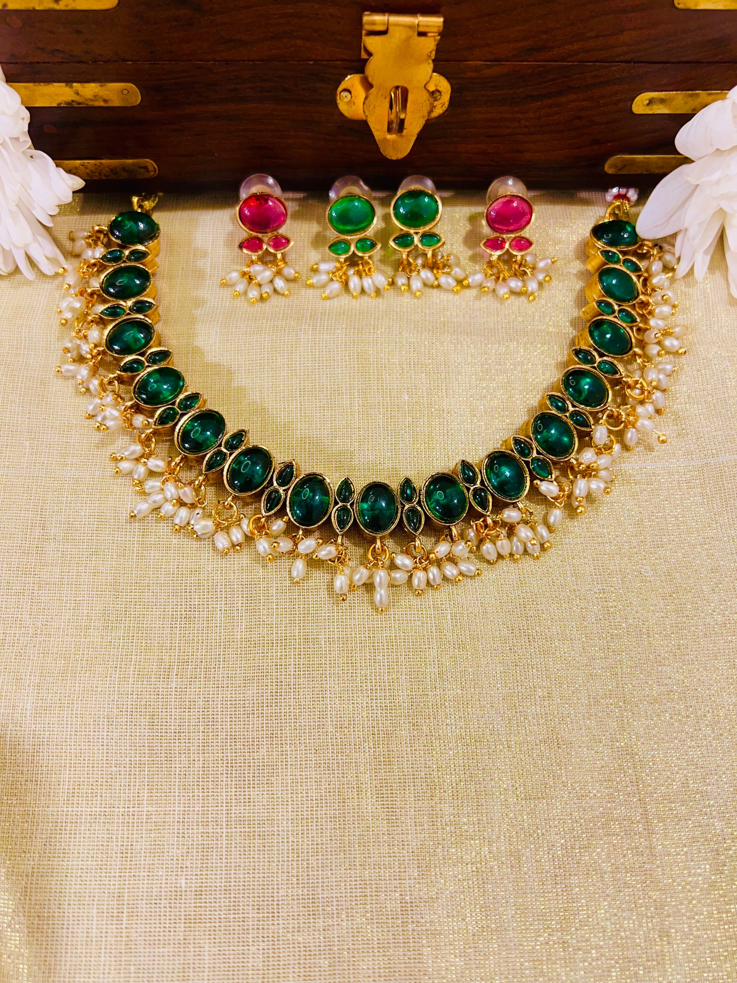 Double Sided Kemp Stone Necklace with Rice Pearls
