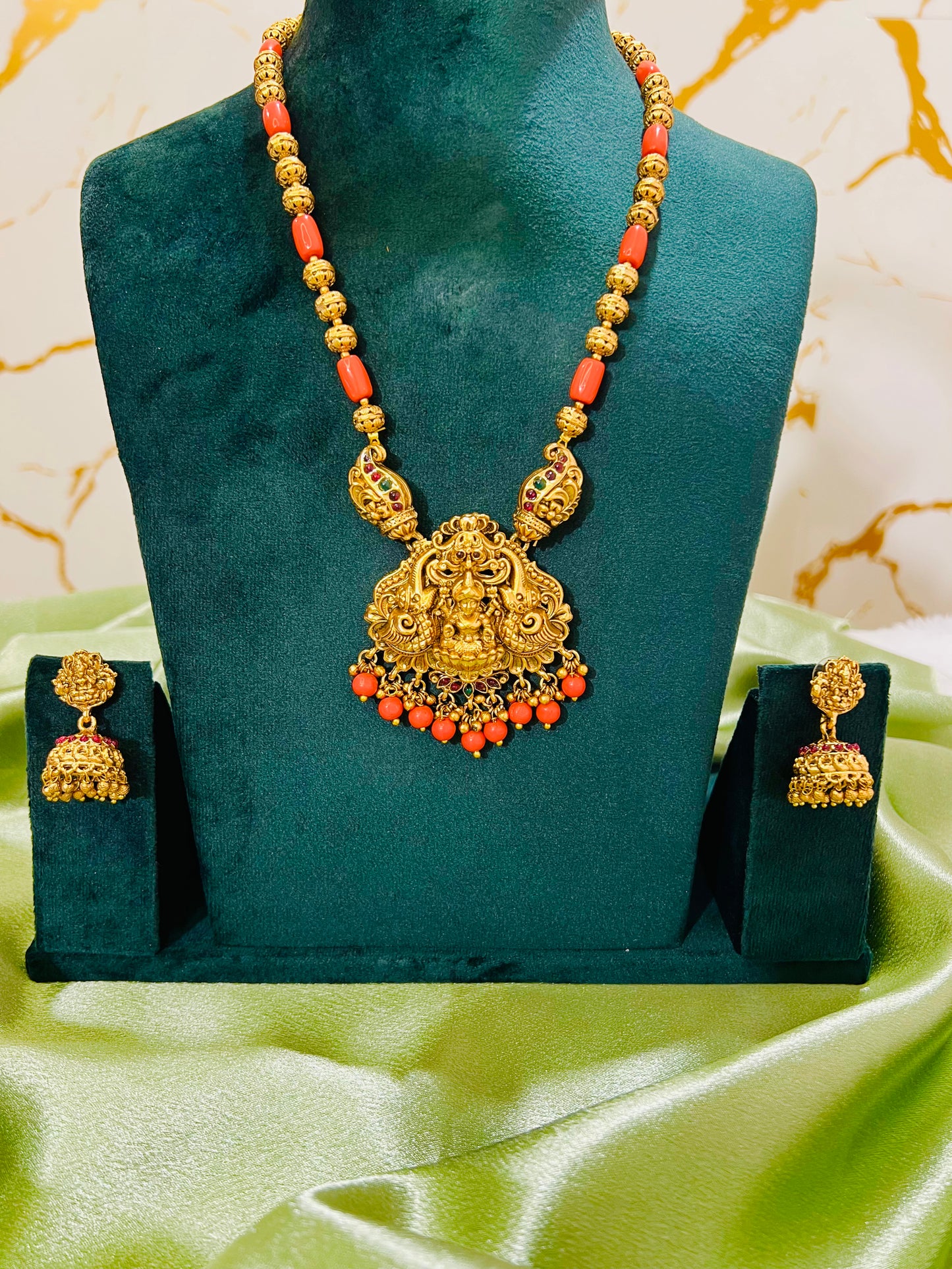 Coral Beaded Long Temple Haaram