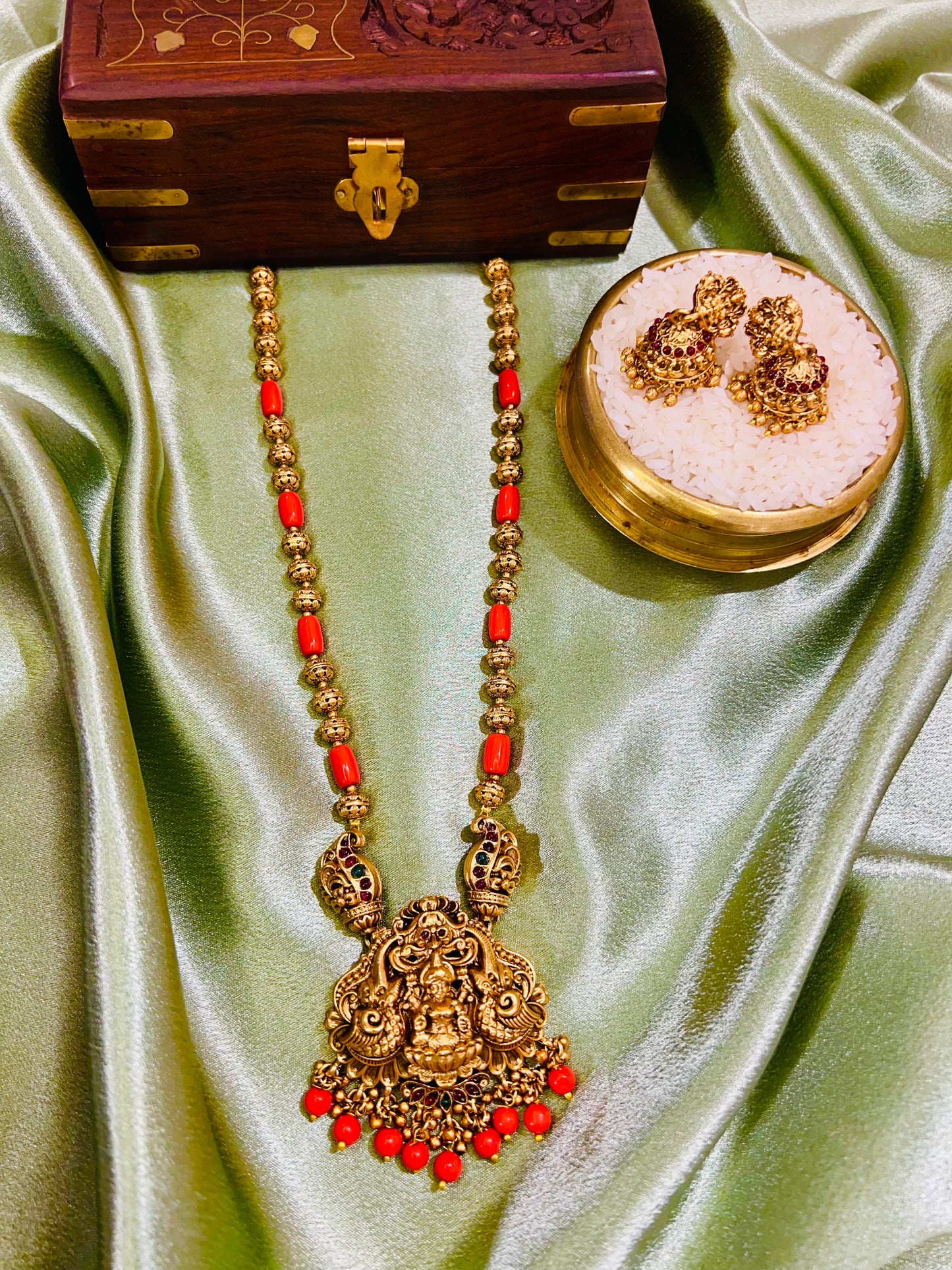 Coral Beaded Long Temple Haaram