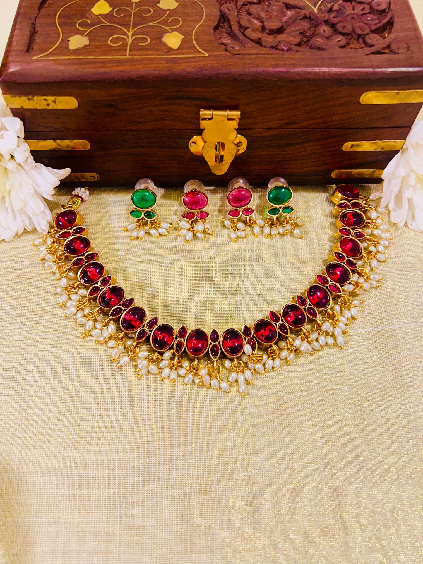 Double Sided Kemp Stone Necklace with Rice Pearls